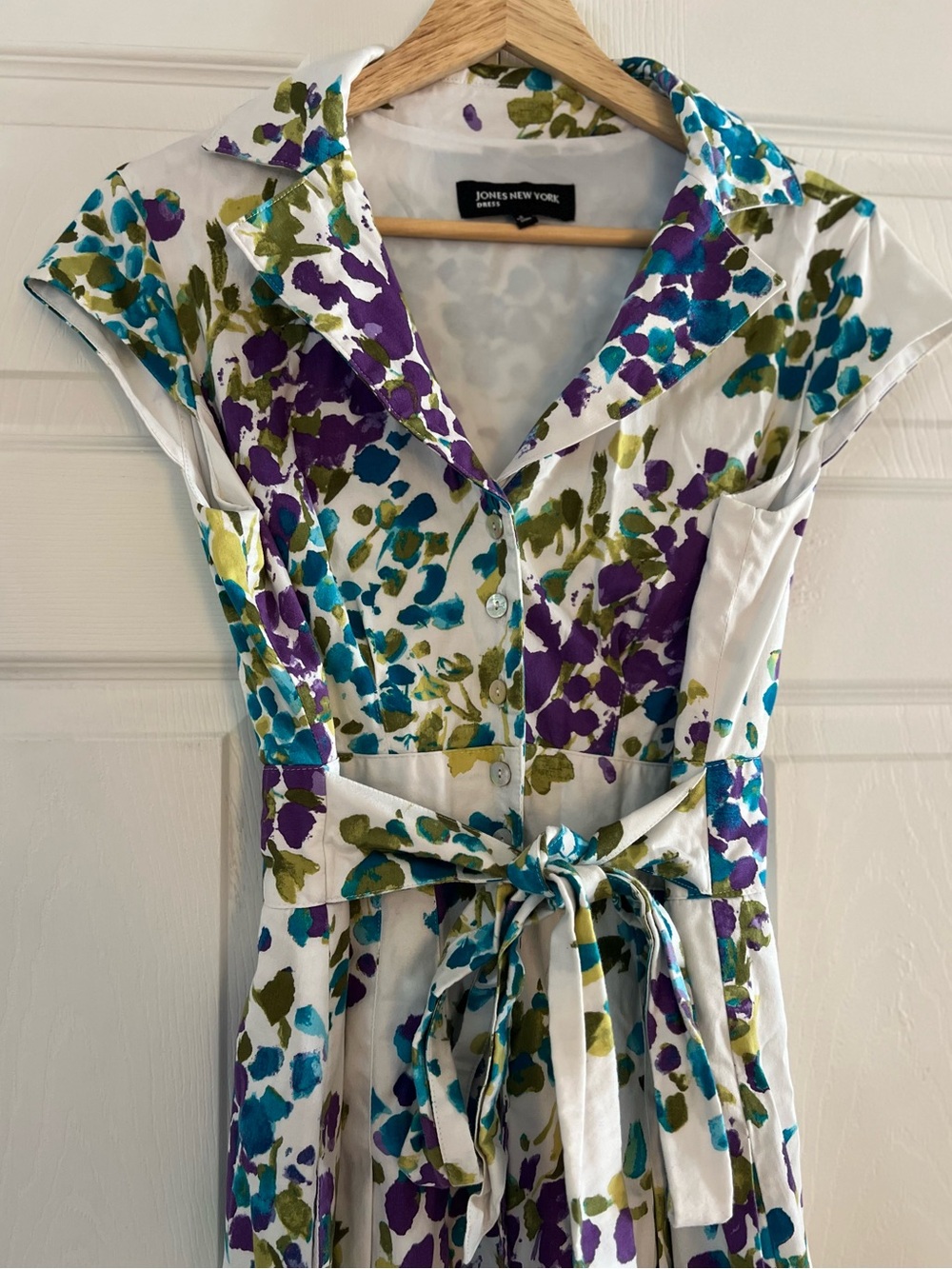 Jones New York White Midi Shirt Dress with Teal and Purple Floral Print - Picture 2 of 7
